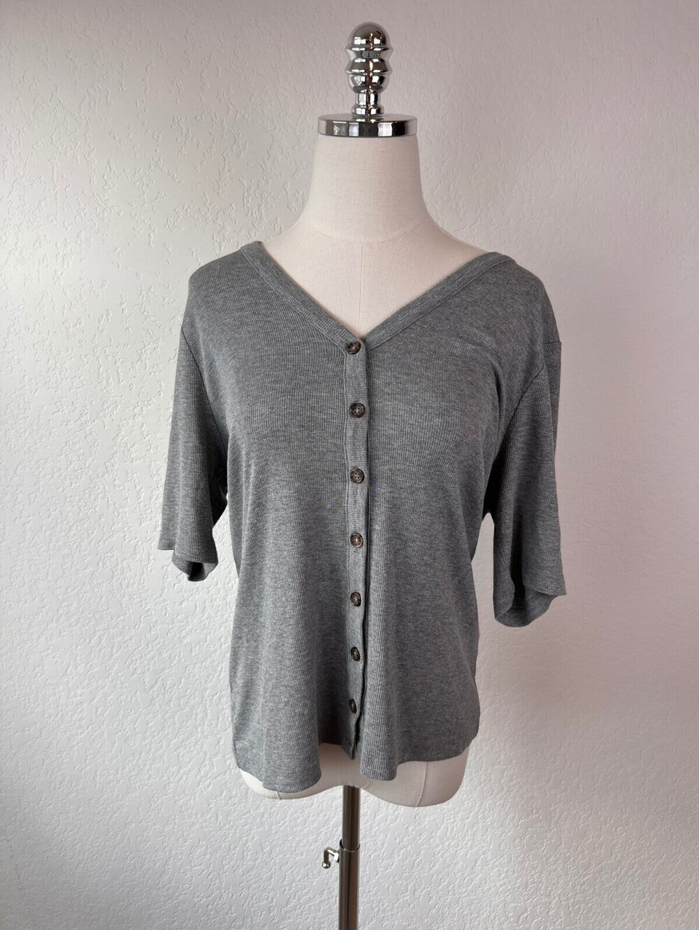 Marine Layer Heather Gray Lexi Ribbed Button Up Short Sleeve Top Tencel Large